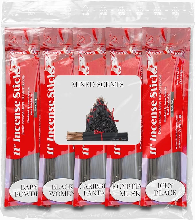 Meditation Vibes 11'' Incense Sticks - Variety Set 500 Pack - 11 inch - 5 Bundles 100 Sticks Per Fragrance Scent. Set Features Baby Dust Type, Black Women, Caribbean Fantasy, Egyptian Musk, Icey Black AromaDepotInc