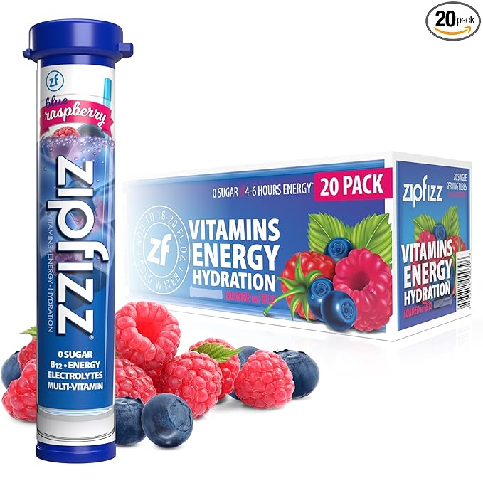 Zipfizz Daily Energy Drink Powder, Blue Raspberry, 20 Pack | 3-in-1 Sustained Energy, Rapid Hydration, and Essential Vitamins | Sugar-Free | Electrolyte Powder | Contains Vitamin B-12 & Antioxidants - Bloomnest