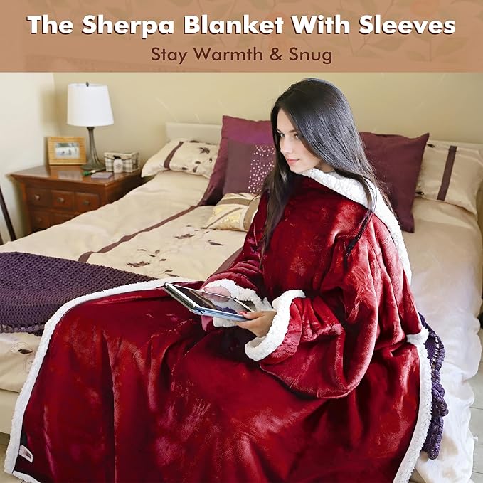 Tirrinia Sherpa Wearable Blanket With Sleeves, Full Body Throw Reading Wrap TV Blankets - Bloomnest