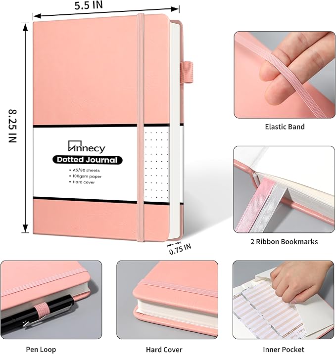 Annecy Numbered Bullet Dotted Journal Notebook, Medium 5.5x 8.25, 160 Pages 100GSM Writing Paper, A5 Peach Pink Faux Leather Cover with Pen Loop - Bloomnest