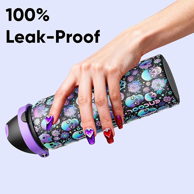 Insulated Water Bottle with Straw - Encool Stainless Steel Water Bottle with Push Button Lid, Leak-Proof & BPA-Free, Keeps Cold for 24 Hours for Sports, Travel, Gym (32 oz, Floral Afterlife) ENCOOL