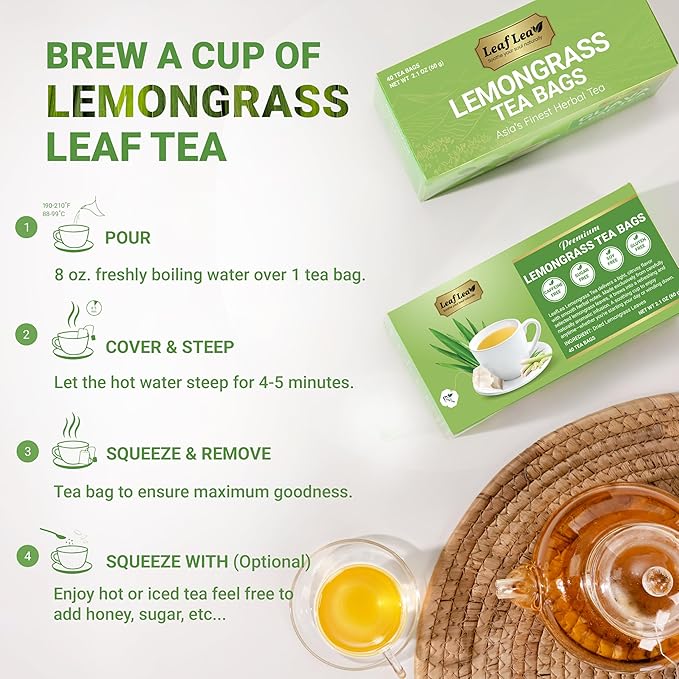 LeafLea Lemongrass Tea Bags, 40 Count, 100% Natural Lemongrass Leaves, Te Limon Grass, Te de Limoncillo Herbal Tea with Smooth Light Aroma, Sugar-Free, Caffeine-Free, Non-GMO, Vegan Friendly - Bloomnest
