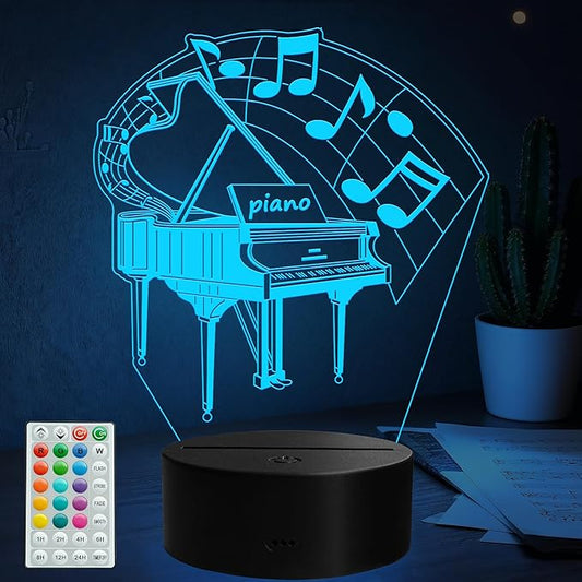 Piano Night Light, Music Piano Gifts, 3D Illusion Lamp with Remote Control, 16 RGB Colors, 4 Flashing Modes, Timer, Dimmable, Kids Music Room Decoration for Holiday Birthday Christmas - Bloomnest