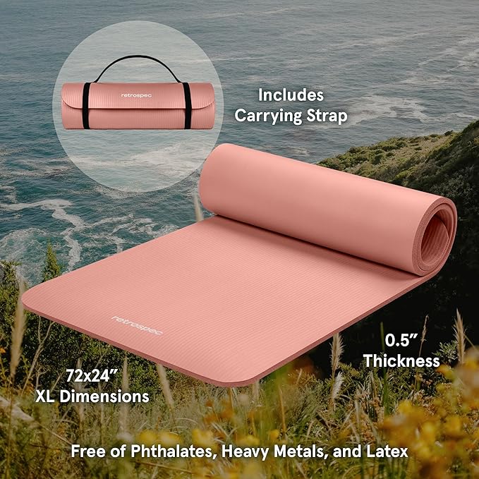 Retrospec Solana Yoga Mat 1/2" Thick w/Nylon Strap for Men & Women - Non Slip Exercise Mat for Yoga, Pilates, Stretching, Floor & Fitness Workouts - Bloomnest