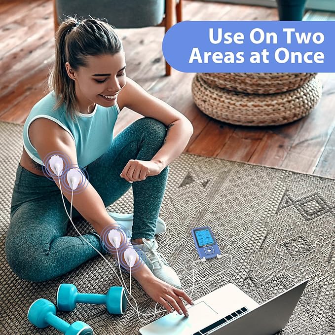 24 Modes Tens Unit Muscle Stimulator, Rechargeable Tens Machine with 8 Electrode Pads (American Gel), Electric Pulse Massager for Pain Relief Therapy（Blue） TECBEAN