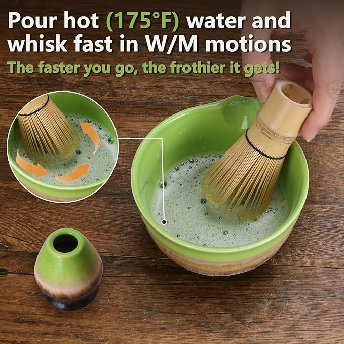 Matcha Whisk Set,Bamboo Chasen Whisk,Green Matcha Bowl with Spout, Chashaku Scoop, Sifter,Matcha Whisk and Holder – 5 PCS Matcha Kit for Matcha Lovers Making Latte Drinks,Gift for Starters Lovers - Bloomnest