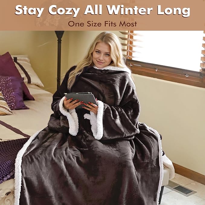 Tirrinia Sherpa Wearable Blanket With Sleeves, Full Body Throw Reading Wrap TV Blankets - Bloomnest