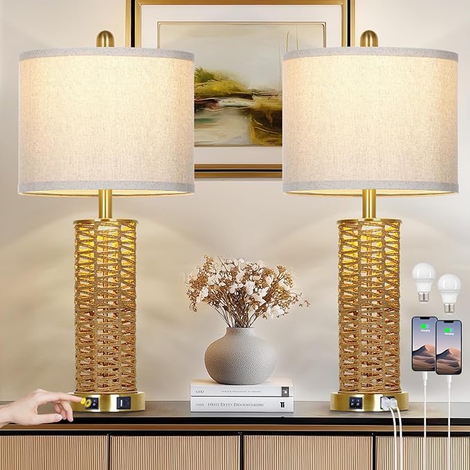 27" Natural Rattan Table Lamps Set of 2, Boho Bedside Lamp for Bedroom with Night Light, Woven Wicker Nightstand Lamps with 2 USB Ports & AC Outlet, Tall Farmhouse Living Room Lamp, Gold - Bloomnest