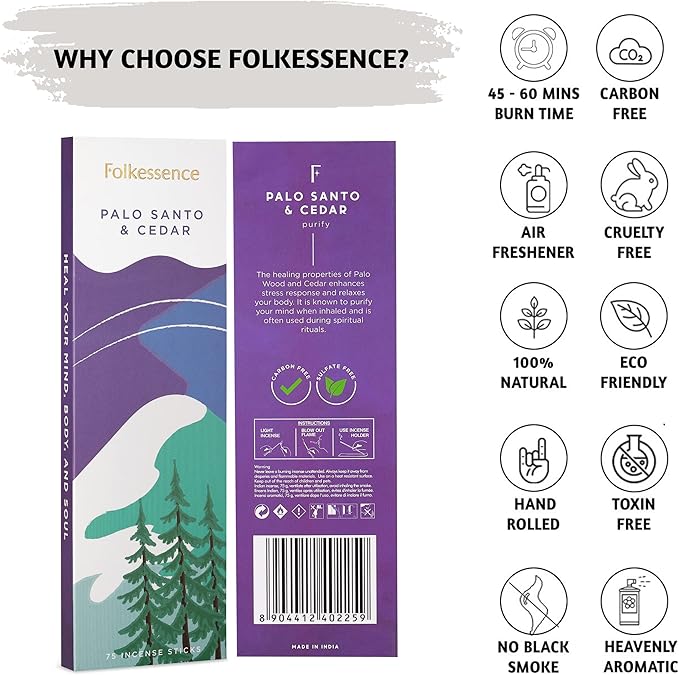 Folkulture Palo Santo Incense Sticks | Pack of 75 Cedar Incenses Stick for Meditation & Spiritual Practice | Pack of 2 (20) Incense Cone Scented | Dual Set - Palo Santo & Sandalwood Incenses FOLKULTURE