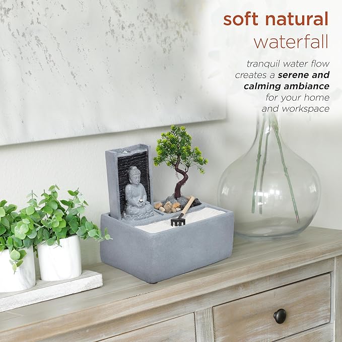 Alpine Corporation DIG278 13" Indoor/Outdoor Tabletop Fountain with LED Lights, Buddha Bonsai Garden Water Feature for Home, Patio & Desk Décor, Gray - Bloomnest