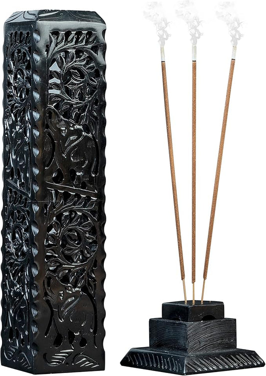 Crocon Black Marble Soapstone Incense Stick Burner Square Shape Leaf & Half Wheel Carving Tower Burner | Tea Light Candle Holder | Decorative Home & Kitchen Size - LxWxH 3X3X11 Inch