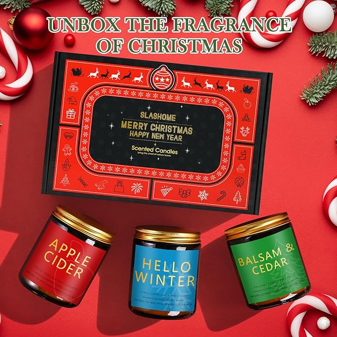 Christmas & Winter Candle Gift Set, 6 Pack 7oz Soy Scented Candles for Home, Holiday & Birthday Gift for Women & Men, Balsam Cedar, Christmas Cookies & Spices, Apple Cider, Hot Cocoa & Hello Winter - Bloomnest
