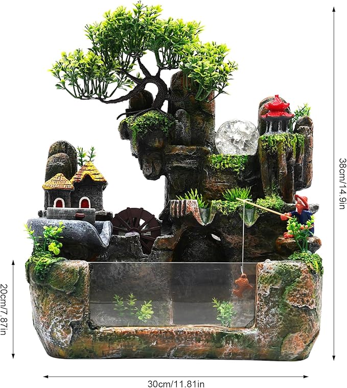 Indoor Water Fountain, Flowing Water Decorative Items with Fish Tank Rockery Tabletop Multi-Function Plant Decoration with Light Artificial Small Rockery for Bedroom Dining Room - Bloomnest