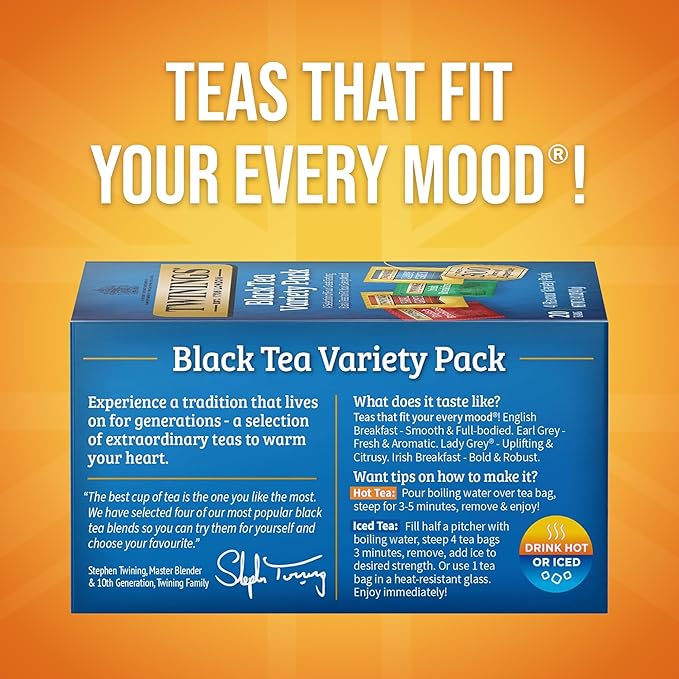 Twinings Variety Pack Black Tea Bags, 20 Count (Pack of 1), Includes English Breakfast, Earl Grey, Irish Breakfast, and Lady Grey, Caffeinated, Enjoy Hot or Iced, 20 Teabags - Bloomnest