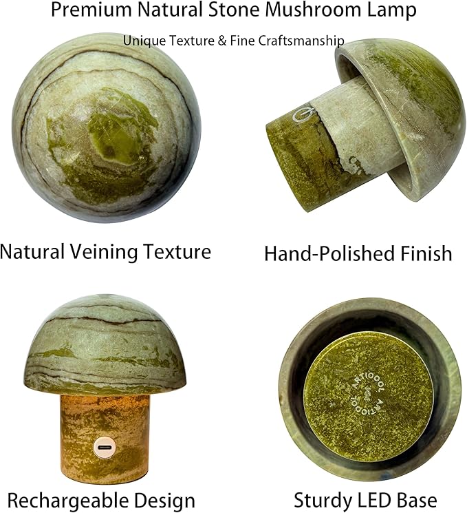 Natural Stone Mushroom Lamp - Jade Gemstone Night Light with LED, Touch Control 3 Brightness, USB Rechargeable Bedside Table Decor Gift - Bloomnest