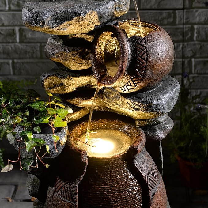 Garden Water Fountain Outdoor Decor - 38.4" 3 Tier Standing Cascading Waterfall Outdoor Water Fountain with LED Lights & Pumps,Natural Design for Garden,Patio, Porch, Backyard, Home Art Decor - Bloomnest
