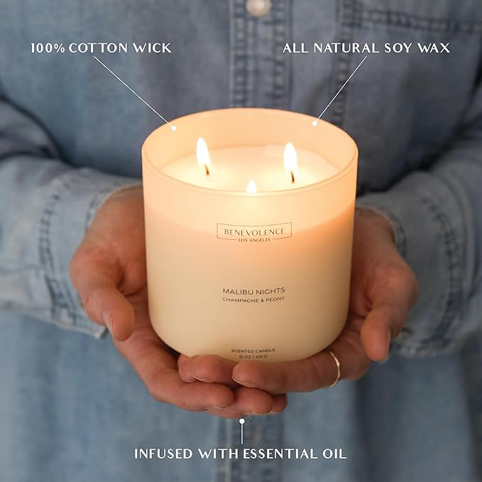 Champagne & Peony – Benevolence LA Large 3-Wick Fall Scented Candle for Home | 15oz, 50-Hour Burn | Natural Soy Wax, Cotton Wicks | Romantic Autumn Fragrance | Malibu Sands Collection – Gift for Women - Bloomnest