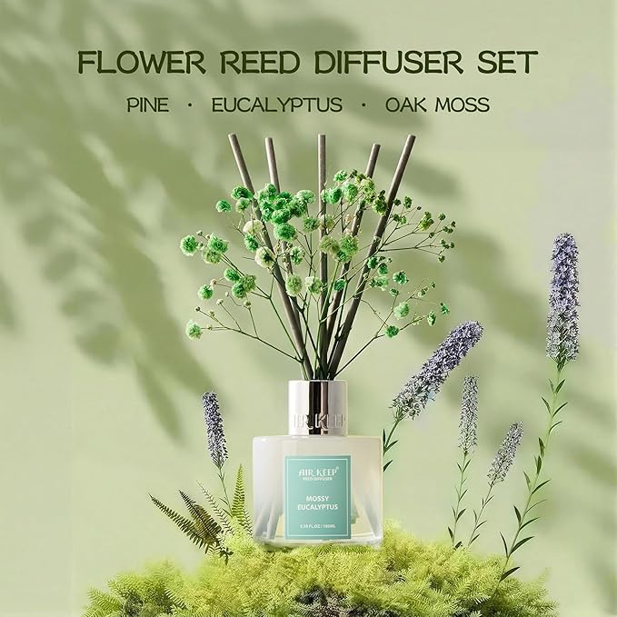 Airkeep Reed Diffuser Set,3.38 fl oz (100 ml) - Moss Eucalyptus Oil Diffusers with 8 Reed Sticks, Home Fragrance Reed Diffuser for Bathroom Shelf Decor Airkeep