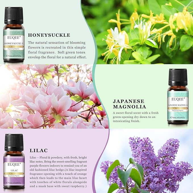 EUQEE Premium Floral Fragrance Oils Set 6PCS Fragrance Oils Set for Diffuser, DIY Candle - Honeysuckle, Lilac, Japanese Magnolia, Violet, Orange Blossom (10ml) EUQEE