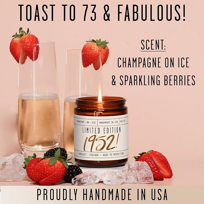 73rd Birthday Gifts for Women - 'Limited Edition 1952' Soy Candle, w/Champagne on Ice I 73 Birthday Gifts for Women I 73rd Birthday Gift for Her Ideas I 9oz Reusable Jar, 50Hr Burn, Made in USA - Bloomnest