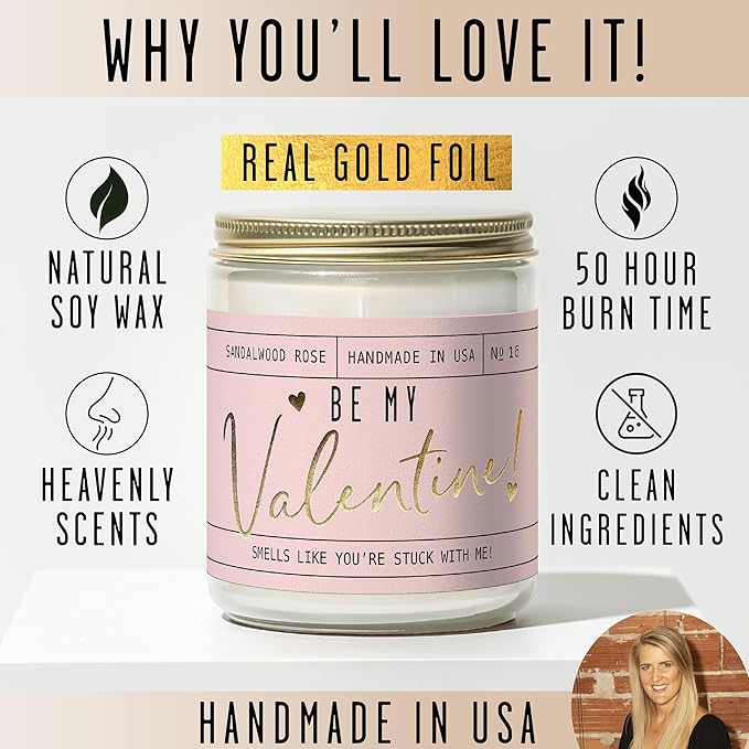 Valentines Day Gifts for Her, Valentine Candles, Valentines Gift for Girlfriend -Will You Be My Valentine Candle, w/Sandalwood & Red Roses I Valentines Gifts for Wife I 9oz, 50Hr Burn, USA Made - Bloomnest