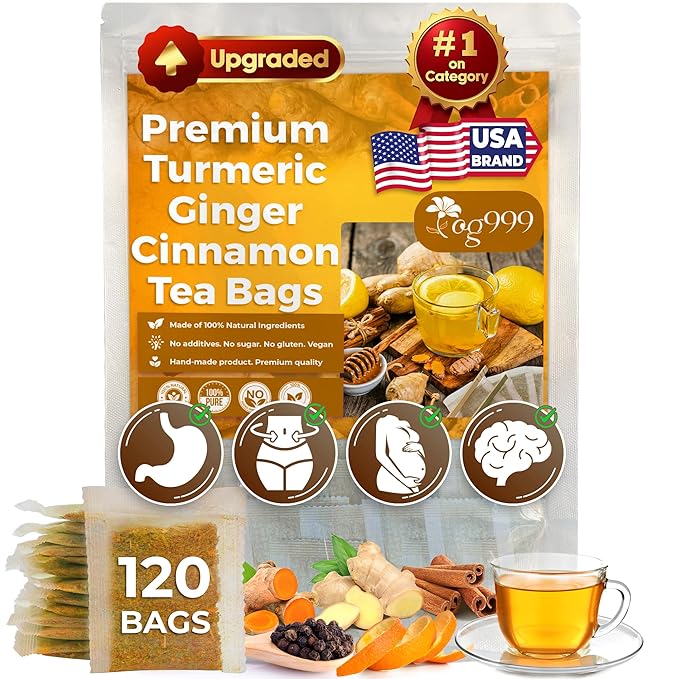 TOG999, 120 Bags Premium Turmeric Ginger Cinnamon Tea. Upgraded Version. Improve Digestion, Support Brain, Weight, Skin and Sleep. Eco-Conscious Tea Bags. No Sugar, No Caffeine, No Gluten, Vegan. - Bloomnest