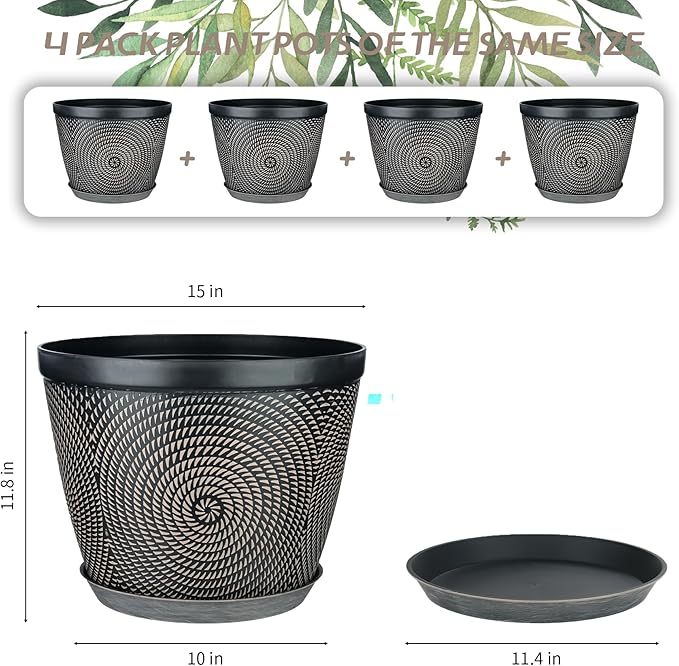 Quarut 15 Inch 4 Pack Large Plant Pots, Plastic Flower Pot for Indoor & Outdoor with Drainage Holes & Saucer, Circle Pattern Planters Garden Pots for Herbs - Bloomnest