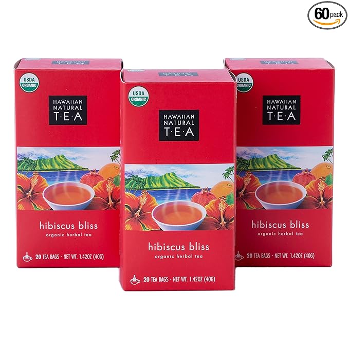 Hawaiian Natural Tea - Organic Hibiscus Bliss Herbal Tea, Caffeine-Free Hibiscus Tea, All-Natural and Antioxidant-Rich Wellness Tea, Vegan and Keto-Friendly, 60 Tea Bags - Bloomnest