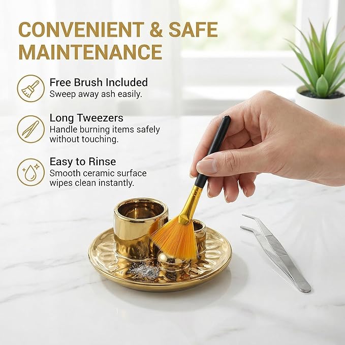 Handmade Ceramic Incense Burner for Palo Santo Incense Sticks, 4 in 1 Multi-Purpose Sage Holder for Burning, Ash Catcher Tray for Meditation Yoga Room (Golden) ToolSentryX