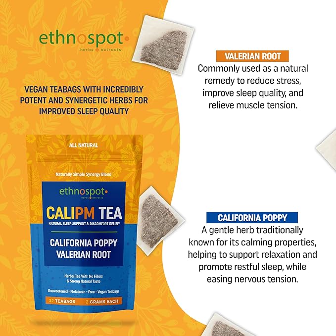 CaliPM Teabags - Natural Sleep Tea with California Poppy & Valerian Root, Herbal Tea for Relaxation & Discomfort Relief, Unsweetened & Vegan, Melatonin-Free, 100% Natural Ingredients - 2 Gram Teabags - 32 Teabags - Bloomnest