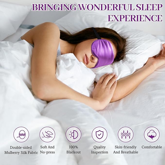 Silk Sleep Mask Eye Cover, 100% Mulberry Silk Women Men Eye Mask for Sleeping Blackout with Adjustable Straps, No Pressure Soft Blindfold Night Eye Shade, Eyemasks for Travel (Purple)