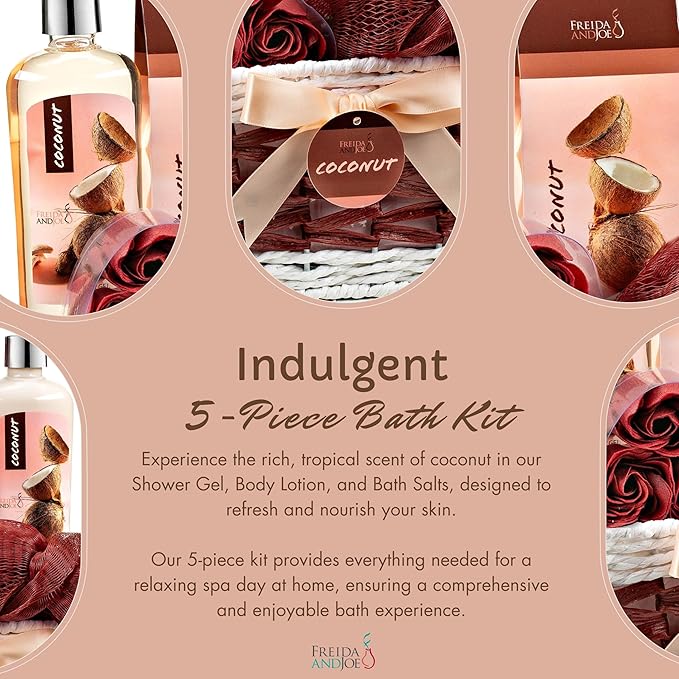 Coconut Spa Valentines Gift Basket Bath & Body Set with Shower Gel, Body Lotion, Bath Salts, Soap Flowers, Bath Sponge in a Wicker Basket (Pink & Brown Set) - Bloomnest