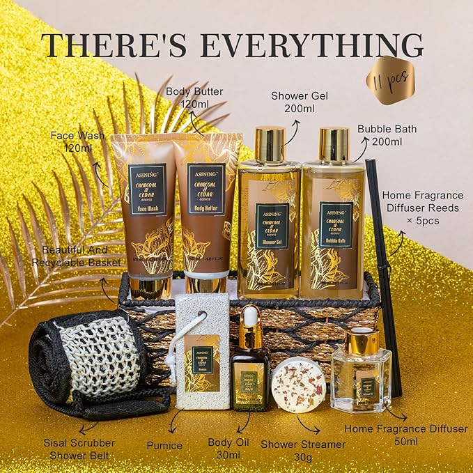 Spa Set for Women & Mens Gift, Relaxing Gifts for Men, Father's Day Gifts for Men Dad with 14PCS Charcoal & Cedar Scents Spa, Includes Bubble Bath, Shower Gel, Body Butter, Spa Kit for Mans Gift Set - Bloomnest