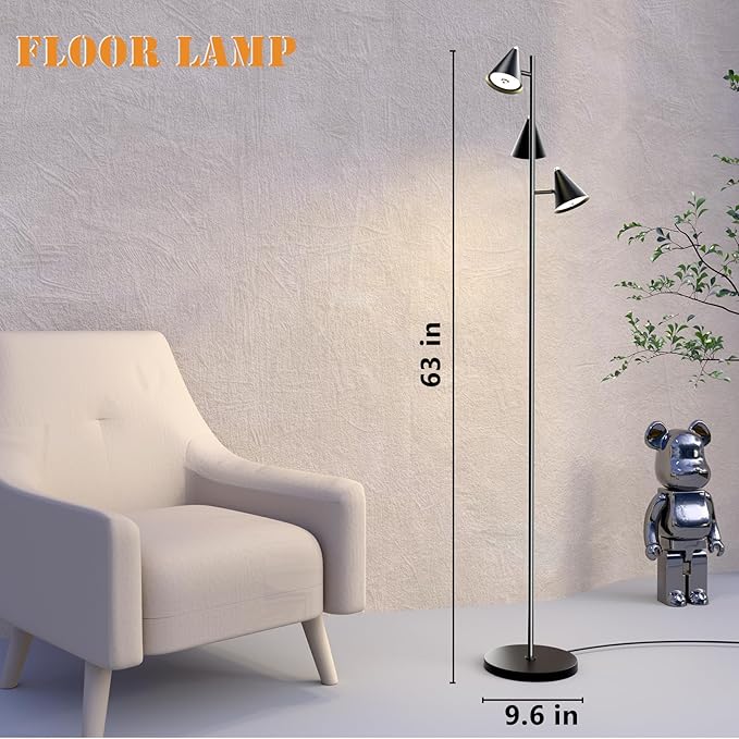 Tree Floor Lamp with Remote, Dimmable 3 Rotatable LED Lights, 5 Color Temperatures, 63" Modern Standing Lamp for Living Room, Bedroom, Office Reading Light - Bloomnest