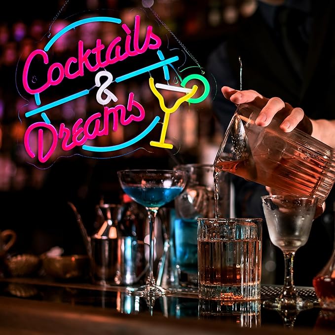 Cocktails and Dreams Neon Sign for Wall Decor Beer Bar Neon Light Smart plug timer compatible USB-Powered Perfect for Home Bars, Pubs & Restaurants (15.4x12.6 Inches) - Bloomnest