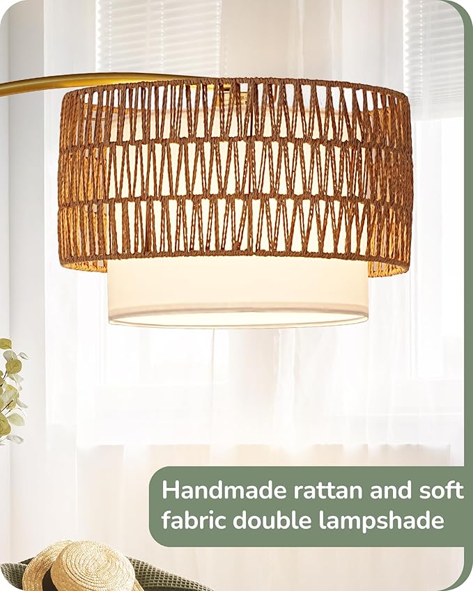 EDISHINE Gold Floor Lamps for Living Room, 76" Arc Floor Lamp with Remote & Dimmable Bulb, Boho Rattan Standing lamp with 5 Color Temperatures, Adjustable Tall Lamp for Bedroom, Office, Nursey - Bloomnest