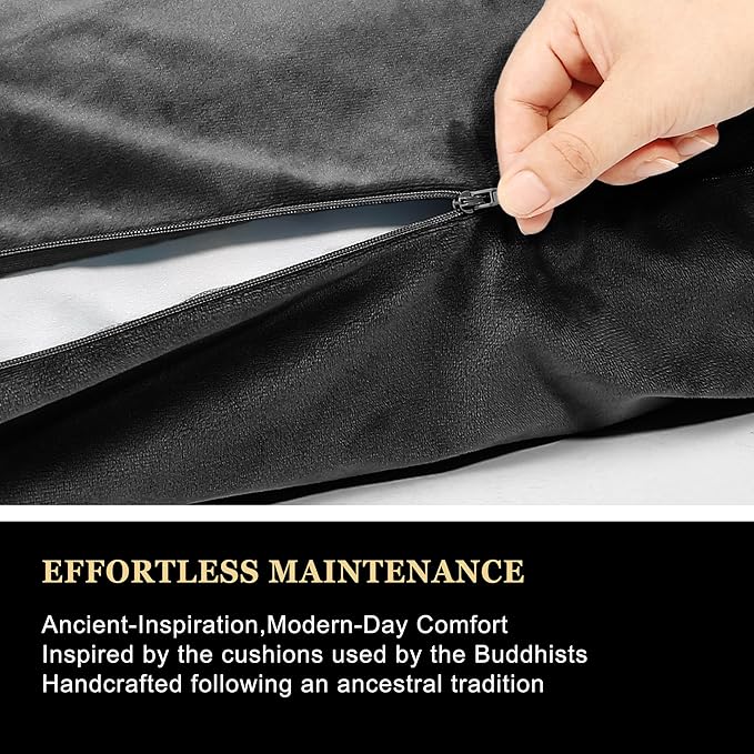 Meditation Zafu Cushion Set with Buckwheat Hulls & Memory Foam - Ergonomic Support for Yoga & Sitting - Removable Machine-Washable Luxury Velvet Cover - for Adults and Kids (Black（COVER ONLY))