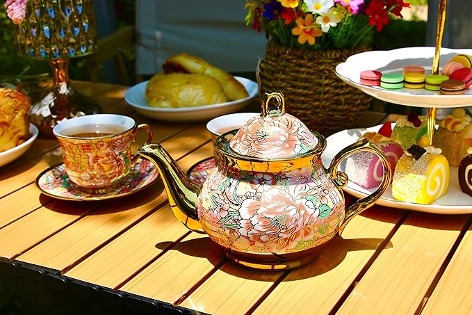 20 Pieces Porcelain Tea Set With Metal Holder, European Ceramic tea set for adults,Flower Tea Set,Tea Set For Women With Flower Painting(Large version, Red) - Bloomnest