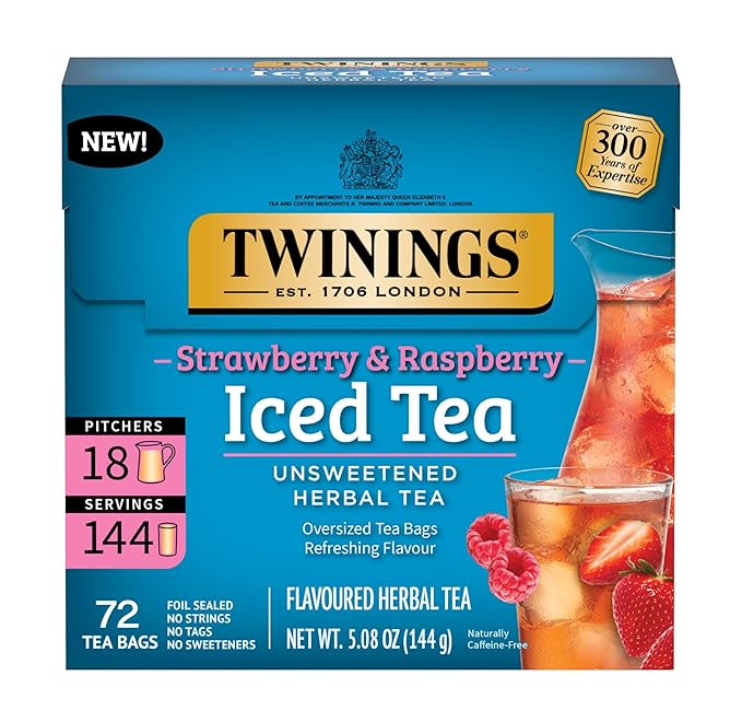 Twinings Strawberry & Raspberry Herbal Iced Tea, 72 Oversized Tea Bags, Makes 18 Pitchers or 144 Servings, Unsweetened, Naturally Caffeine-Free, 72 Count (Pack of 1) - Bloomnest