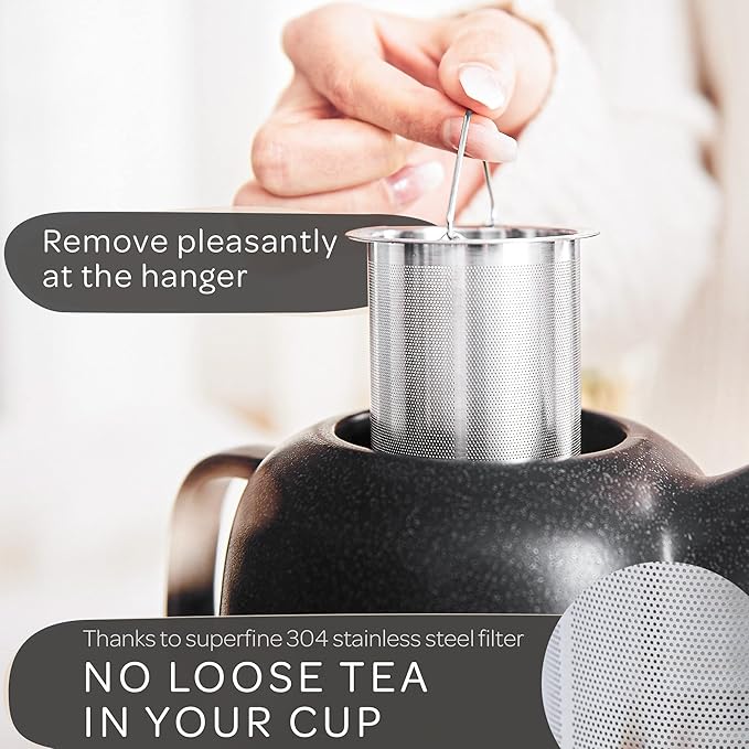 Steinzeit Design Tea Pot (44 oz) - Premium Ceramic Teapot with Infuser for Loose Tea - Black Teapot Ceramic with Removable Strainer - Bloomnest