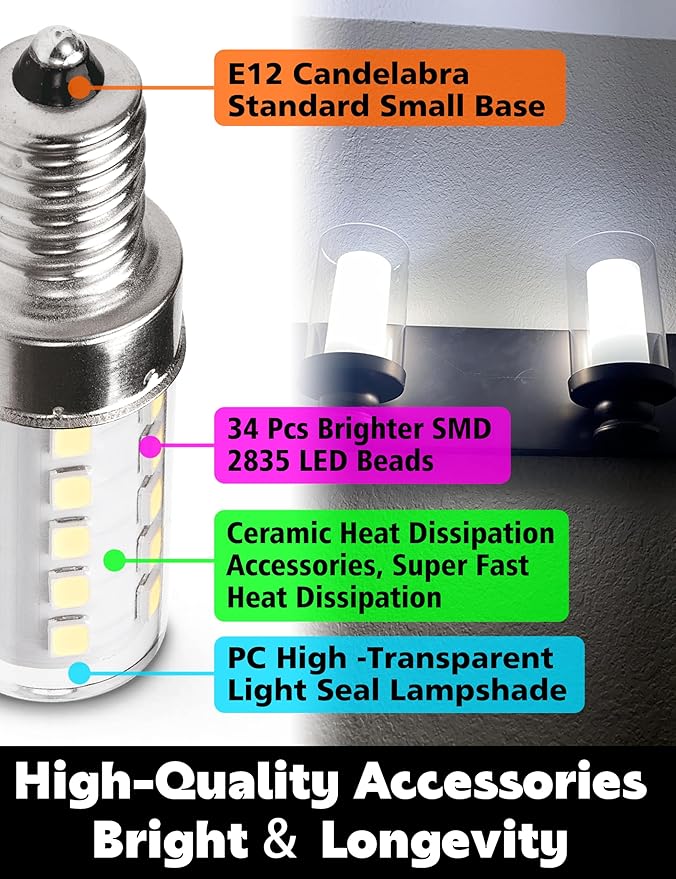 E12 Dimmable LED Light Bulb Equivalent 25w-40W, AC120V 4W 450lm E12 LED Candelabra Bulbs with T6 C7 Small Base, Daylight White 6000K for Ceiling Fan Chandelier Pendant Salt Lamp 8 Pack - Bloomnest