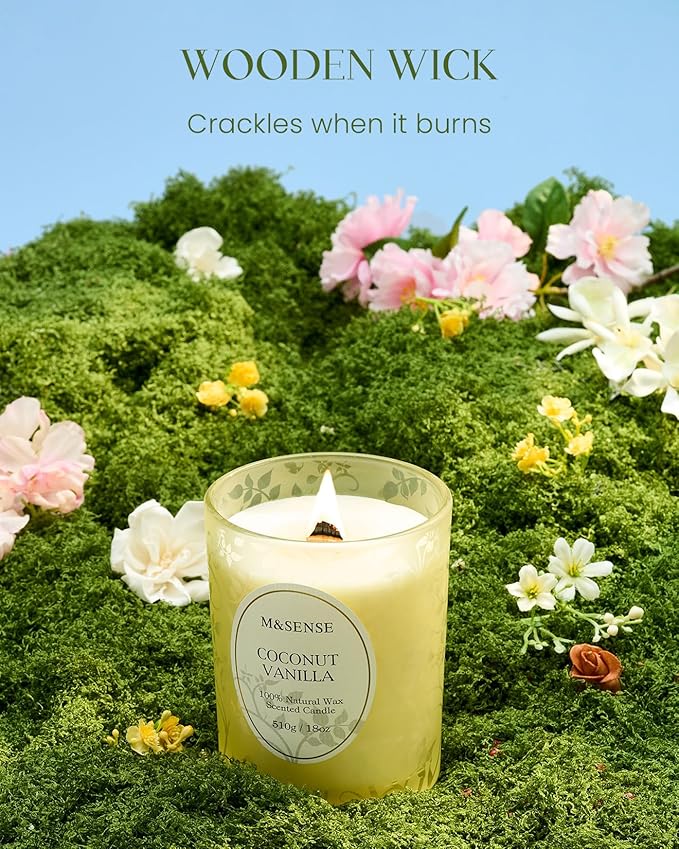 M&SENSE Coconut Vanilla Scented Candle, Cracking Wooden Wick Soy Wax, 18oz 100 Hours Long Lasting Clean Burn, Large Jar Candles for Home Decor, Non-Toxic Relaxing Aromatherapy Gifts for Women - Bloomnest
