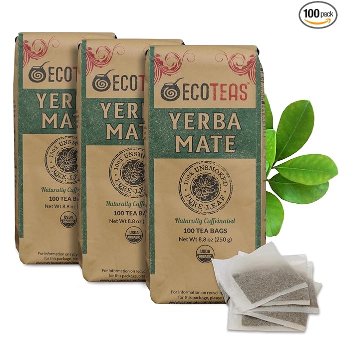 ECOTEAS PremiumOrganic Yerba Mate Tea Bags – Natural Energy & Detox Herbal Tea – Coffee Alternative - Kosher, Non-GMO, Gluten-Free - 100 Unsmoked Bulk Bags, 8.8 oz (Pack of 3) - Bloomnest