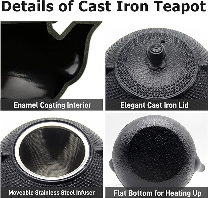 Japanese Tetsubin Tea Kettle Set with Cups, Cast Iron Teapot with Stainless Steel Infuser and Enameled Interior (900ml) - Bloomnest