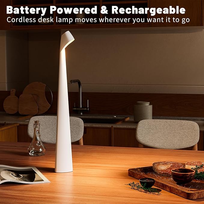 Cordless Desk Lamp, Portable Table Light, Rechargeable Touch Lamp, LED Lamp Battery Operated with 3 Brightness Levels for Bedside Dorm Reading (White) - Bloomnest