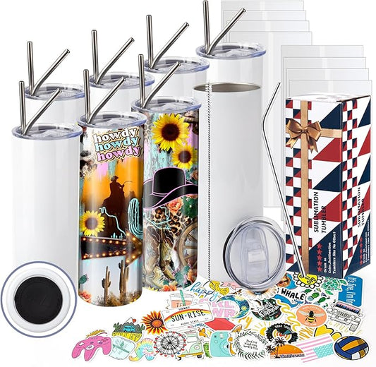 12 Pack 20 oz Sublimation Tumbler Set Double Walled Stainless Steel Skinny Straight Blank Tumbler Sublimation Cup with Lid, Straw, Shrink Wrap, Rubber Base for Heat Transfer Heat Press - Bloomnest