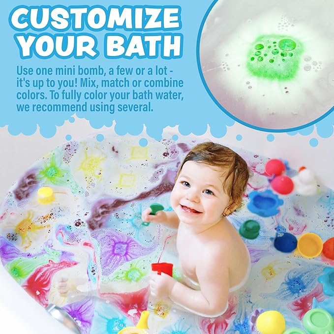 Tub Works® Lil' Bursts™ Mini Bath Bombs for Kids, 90 Count, Rainbow | Nontoxic | Tiny Kids Bath Bombs with A Burst of Color, Foam & Bubbles | Customize Toddler Bath with 7 Colors | Make Bathtub Art - Bloomnest