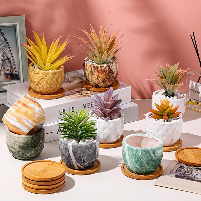 24 Pcs Marbling Ceramic Flower Pot 3.35 Inch Succulent Small Plant Cactus Herbs Planter Ceramic Pot with Drainage Hole Matte Round Container (Simple Style) - Bloomnest