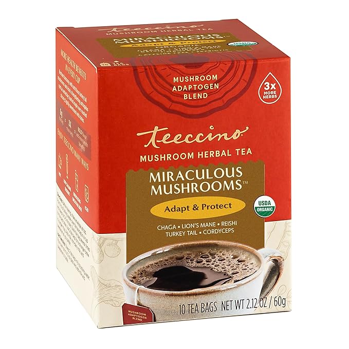 Teeccino Miraculous Mushrooms Adapt & Protect Herbal Tea By Teeccino, 10 Tea Bags - Five Organic Adaptogenic Mushrooms with Chicory & Cacao, 3x More Herbs than Regular Tea Bags, Caffeine Free, Prebiotic - Bloomnest