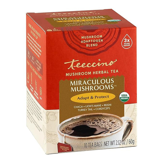 Teeccino Miraculous Mushrooms Adapt & Protect Herbal Tea By Teeccino, 10 Tea Bags - Five Organic Adaptogenic Mushrooms with Chicory & Cacao, 3x More Herbs than Regular Tea Bags, Caffeine Free, Prebiotic - Bloomnest